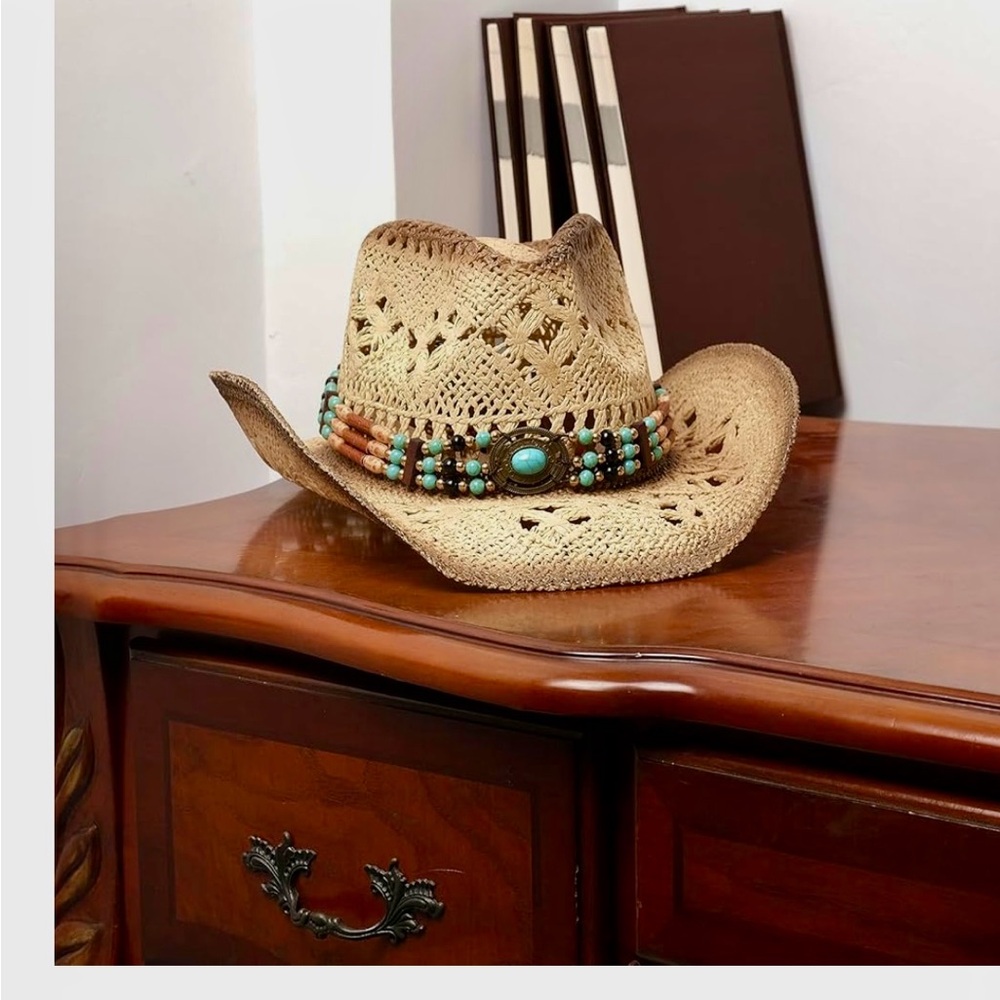 Stylish Straw Cowboy Hat with Beaded Band